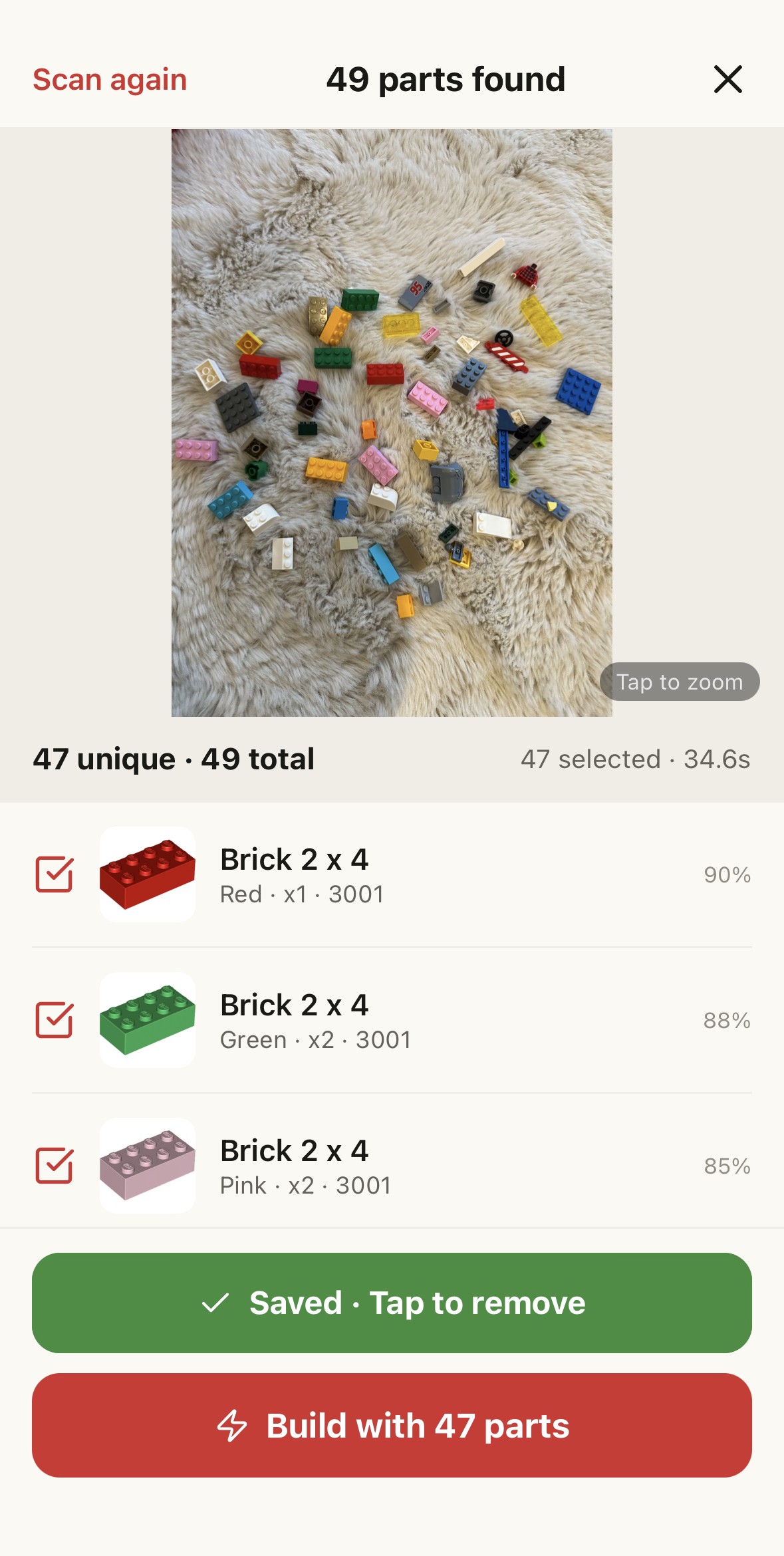 Scan result: 47 unique parts detected, ready to build with 47 parts